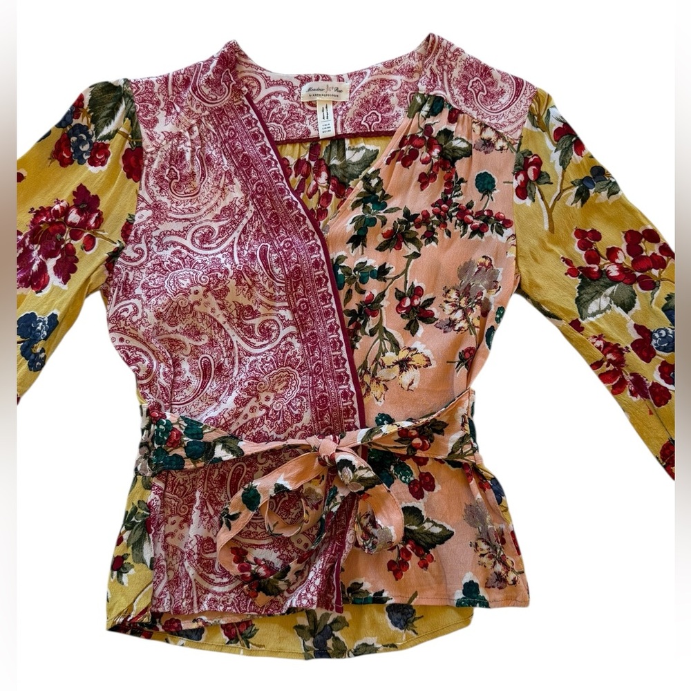 Anthropologie Meadow Rue Floral Patchwork Wrap Blouse - Yellow, Pink, Black - Picture 5 of 16